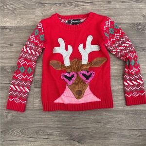 33 Degrees Girls Red Reindeer Heart Sunglasses Ugly‎ Christmas Sweater Size S